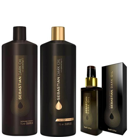 Kit-uri (pentru cadou sau pentru acasă ) - Pachet 3 produse - Sebastian Professional Dark Oil Lightweight: Sampon 1000, Balsam 1000 ml, Ulei de Styling 95 ml