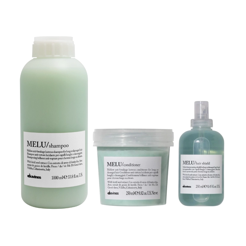 Pachet pentru par degradat cu tendință de rupere  - Davines Melu Shampoo 1000 ml - Conditioner 250 ml - Hair Shield ( Protecție termica ) - 250 ml Davines - Pachet pentru par degradat cu tendință de rupere  - Davines Melu Shampoo 1000 ml - Conditioner 250 ml - Hair Shield ( Protecție termica ) - 250 ml