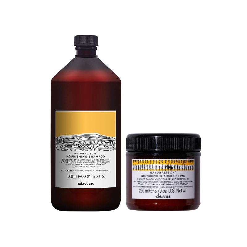 Davines - Pachet pentru parul fragil si deteriorat - Davines Naturaltech Nourishing Shampoo 1000 ml - Nourishing Hair Building Pak - Tratament 250 ml