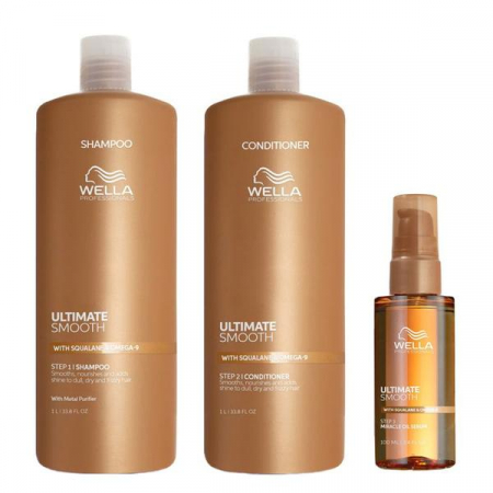 Kit-uri (pentru cadou sau pentru acasă ) - Pachet pentru un par strălucitor si catifelat Sampon, Balsam si Ulei - Wella Professionals Ultimate Smooth Shampoo & Ultimate Smooth Conditioner & Ultimate Smooth Oil