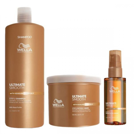 Kit-uri (pentru cadou sau pentru acasă ) - Pachet pentru un par strălucitor si catifelat, Sampon , Masca si Ulei - Wella Professionals Ultimate Smooth Shampoo & Ultimate Smooth Mask & Ultimate Smooth Oil