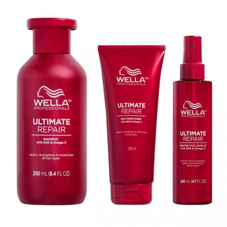 Kit-uri (pentru cadou sau pentru acasă ) - Kit reparator pentru Par Deteriorat - Wella Professionals Ultimate Repair: Sampon Ultimate Repair 250 ml + Balsam 200 ml + Leave-In fara clatire 140 ml