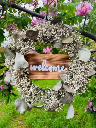 Decor usa/ perete - Coronita usa "welcome" baby's breath