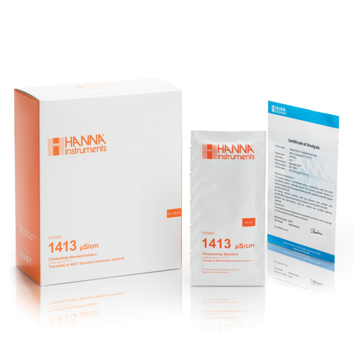 1,413 µS/cm @ 25°C Plic standard de calibrare EC cu certificat de analiză, (25 x 20mL) [2]