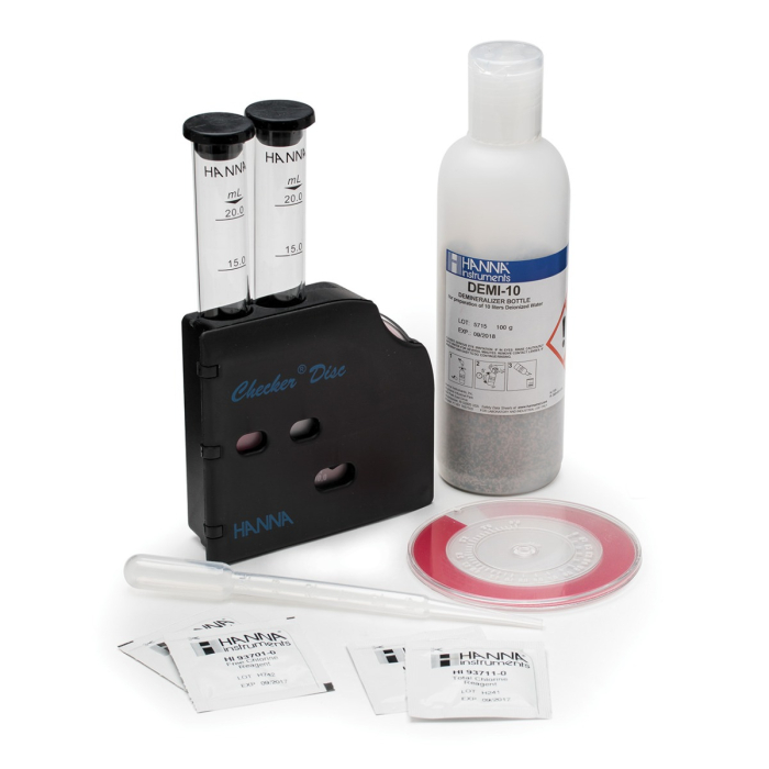 Clor (ca Cl₂, liber și total), Interval: (0,00-0,70 mg/L)(0,0-3,5 mg/L)(0,0-10,0 mg/L) Metodă: CheckerDisc, 200 de teste [1]
