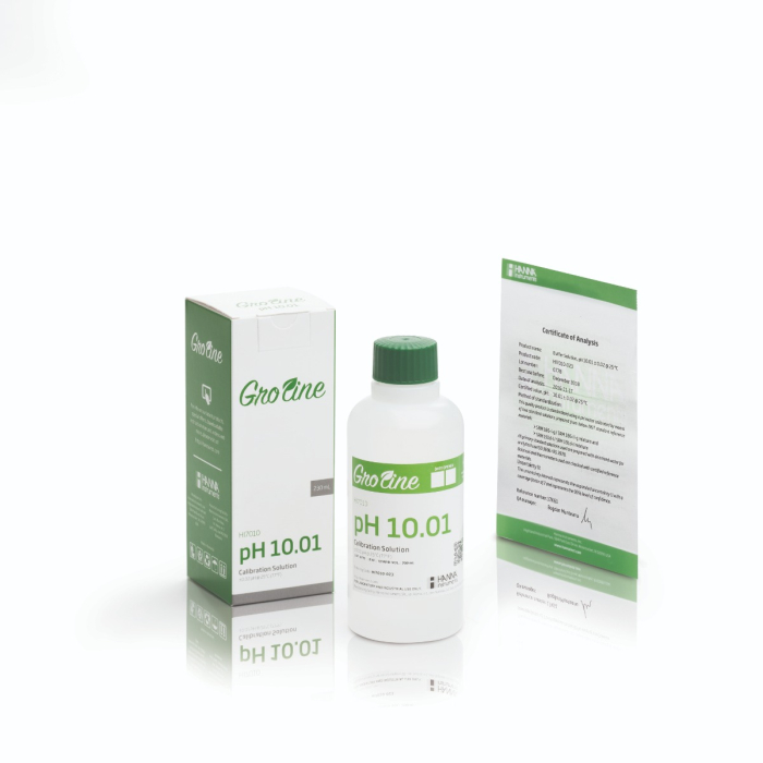 Soluție tampon GroLine pH 10,01 (+/- 0,02 precizie pH la 25°C) cu certificat de analiză, flacon de 230 ml [2]