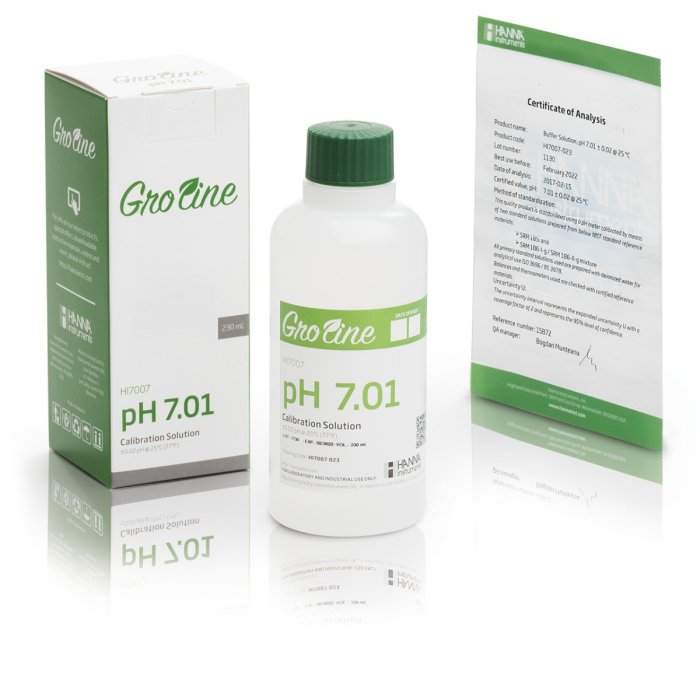 Soluție tampon GroLine pH 7,01 (+/- 0,02 precizie pH la 25°C) cu certificat de analiză, flacon de 230 ml [2]