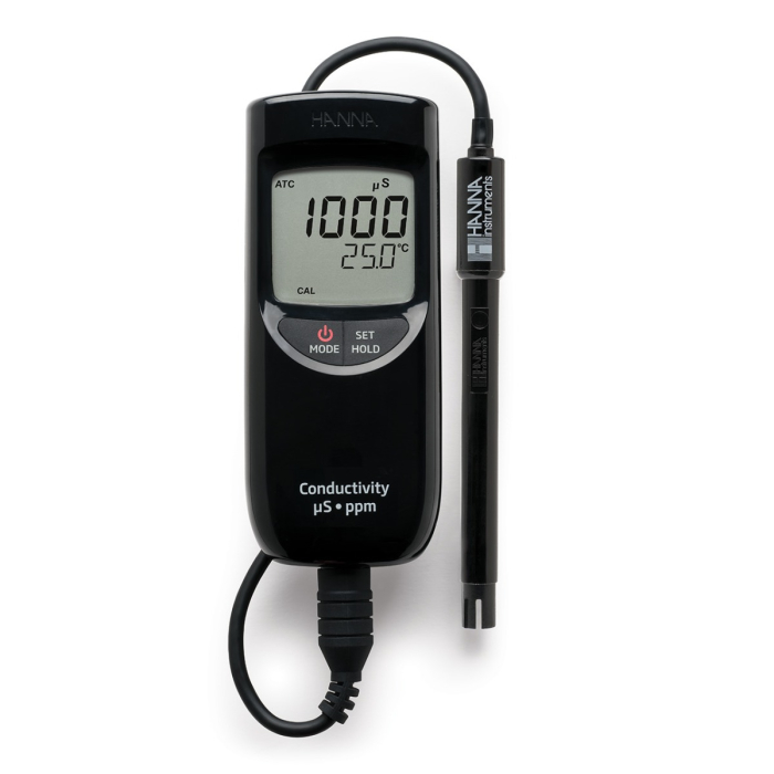Instrument portabil pentru Conductivitate/TDS/Temperatura, Unitate EC: µS/cm, Unitate TDS: ppm, Interval: 0 până la 3999 μS/cm, TDS 0 până la 2000 ppm (mg/L), Temp 0,0 până la 60,0°C [2]