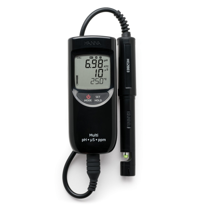 Multiparametru portabil, rezistent la apă, pH/EC/TDS cu domeniu mic (de la 0 la 3999 µS/cm, de la 0 la 2000 ppm) [2]