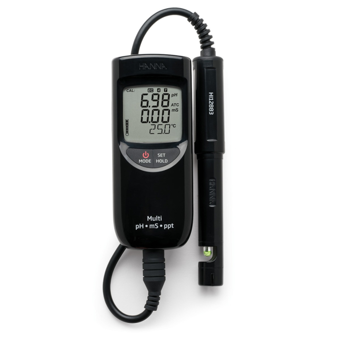 Multiparametru portabil, rezistent la apă, pH/EC/TDS (de la 0,00 la 20,00 mS/cm, de la 0,00 la 10,00 ppt) [2]