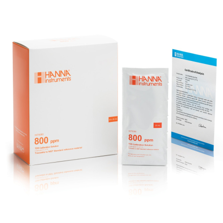 Soluții de calibrare - Solutie de calibrare 800 mg/L (ppm) Valoarea TDS la 25°C, (25) pliculețe de 20 ml cu certificat de analiză