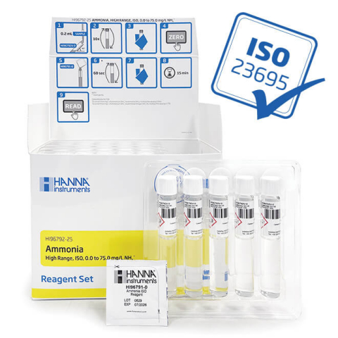 Reactivi pentru fotocolorimetre - Amoniu, Cuve Predozate, Metoda ISO, Domeniu Mare 0.0 la 75.0 mg/L NH4+ - HI96792-25