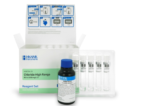 Reactivi in fiole - Cloruri, Cuve Predozate, Domeniu Mare, 70 -1000 ppm, cu cod de bara - HI96794-25