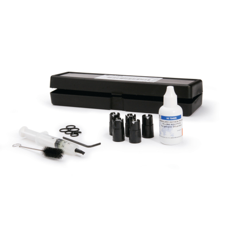 Kit de întreținere a sondei format din HI7042S (soluție electrolit pentru senzorul DO), O-ring-uri pentru senzorul DO (5), perie mică, O-ring-uri pentru sondă (5) și seringă cu unsoare pentru lubrifie
