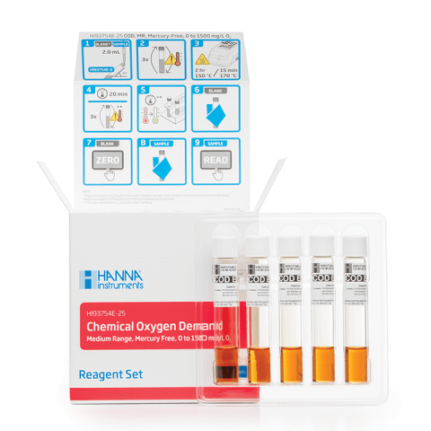 HI83214 Reagents - Reactiv COD, Predozati, Metoda fara mercur, Domeniu Mediu 0 la 1500 mg/L, 25 teste