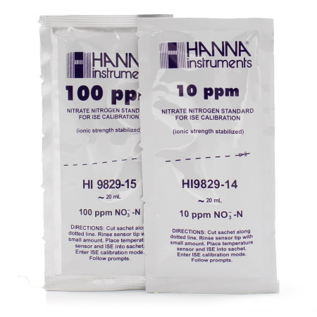 Soluții de calibrare - Soluție standard Nitrat 10 ppm și 100 ppm Nitrat (ca N) pentru HI9829 (10 plicuri x 25 mL) - HI9829-14/15