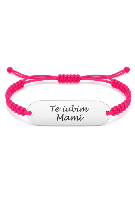 Bratara gravata "Te iubim Mami" din argint 925 pe snur roz impletit [1]