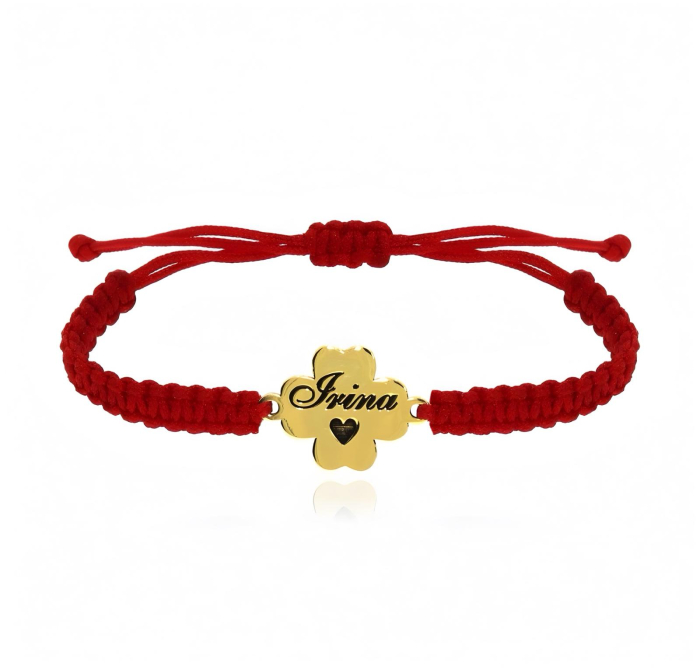 Bratara reglabila cu snur rosu si pandantiv trifoi personalizat din argint 925 placat cu aur 24K [1]
