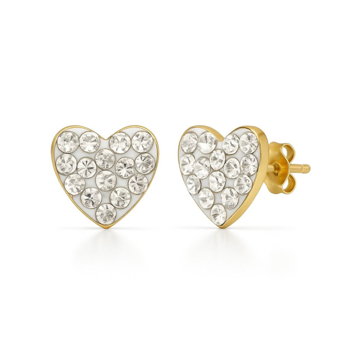Cercei antialergici inima, aurii cu cristale albe – stralucire delicata, dimensiune 8mm [1]