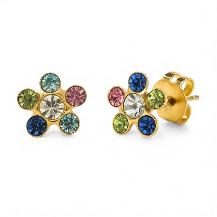 Cercei floricica aurii cu cristale colorate – hipoalergenici, fara nichel [1]