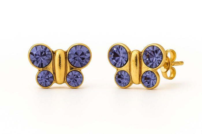 Cercei fluturas aurii cu cristale lila– hipoalergenici, fara nichel [1]