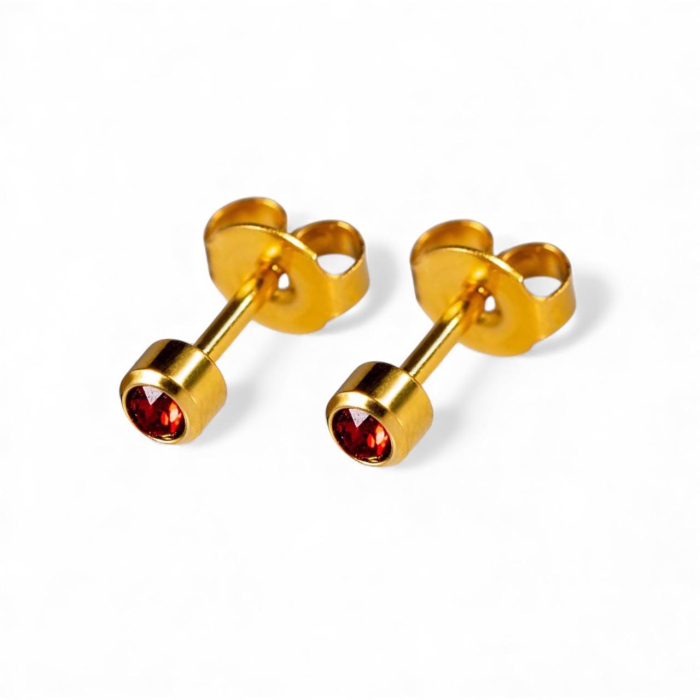 Cercei medicinali sterili , hipoalergenici,  rosie (garnet),  metal galben, IANUARIE [1]