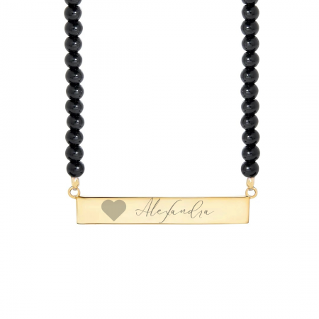 LANTISOARE ARGINT - Lant Personalizat cu Bilute Negre si Placuta Gravata "Alexandra"