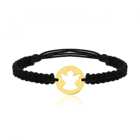 BRATARI ARGINT - Bratara reglabila cu snur negru si banut inger decupat din argint 925 placat cu aur 24K