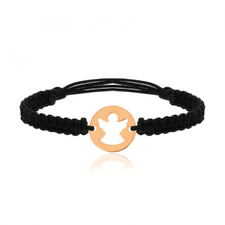 BRATARI ARGINT - Bratara reglabila cu snur negru si banut inger decupat din argint 925 placat cu aur 24K