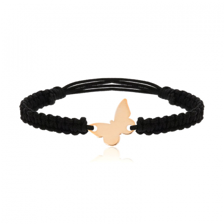 BRATARI ARGINT - Brățară din argint 925 placată cu aur 24K – Fluture pe șnur împletit negru