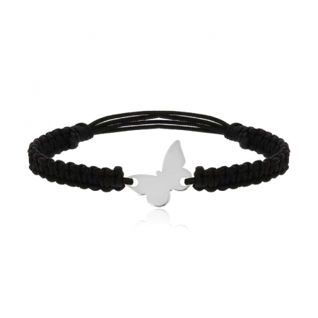 BRATARI ARGINT - Brățară din argint 925 placată cu aur 24K – Fluture pe șnur împletit negru