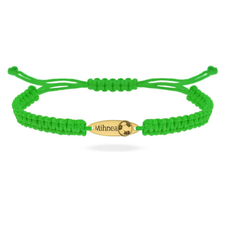 BIJUTERII ARGINT COPII - Bratara reglabila cu snur verde si placuta personalizata minge de fotbal din argint 925 placat cu aur 24K
