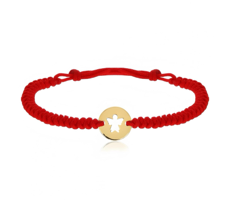 BIJUTERII ARGINT COPII - Bratara reglabila cu snur rosu si banut inger din argint 925 placat cu aur 24K