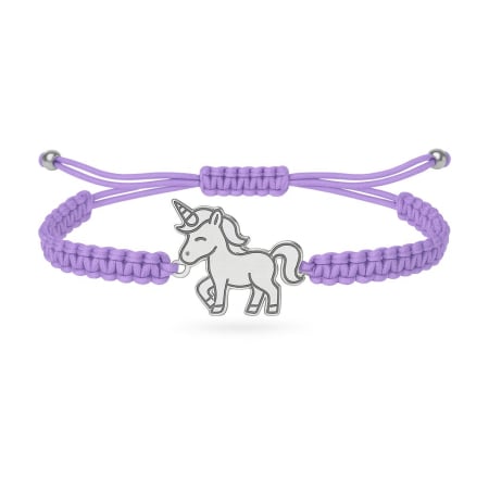 BIJUTERII ARGINT COPII - Bratara reglabila cu snur mov si pandantiv unicorn din argint 925