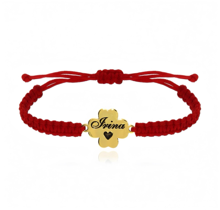 BRATARI ARGINT - Bratara reglabila cu snur rosu si pandantiv trifoi personalizat din argint 925 placat cu aur 24K