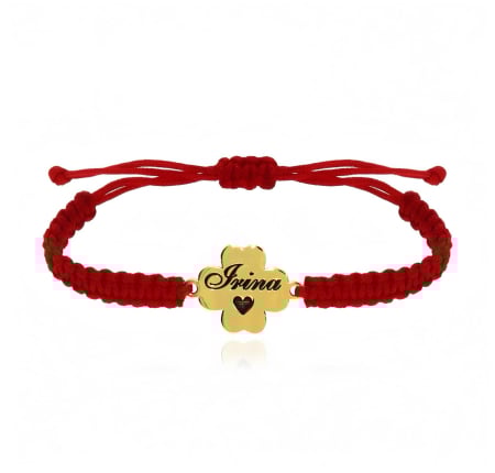 BRATARI ARGINT - Bratara reglabila cu snur rosu si pandantiv trifoi personalizat din argint 925 placat cu aur 24K
