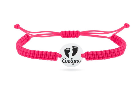Bratari copii argint - Bratara reglabila cu snur roz si banut talpite bebelus din argint 925 personalizat
