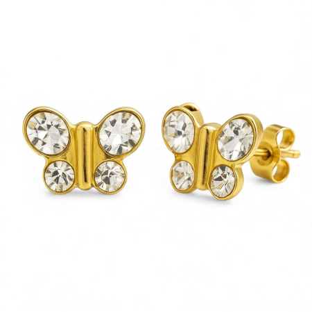 CERCEI ANTIALERGICI - Cercei fluturas aurii cu cristale – hipoalergenici, fara nichel