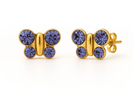 CERCEI ANTIALERGICI - Cercei fluturas aurii cu cristale lila– hipoalergenici, fara nichel