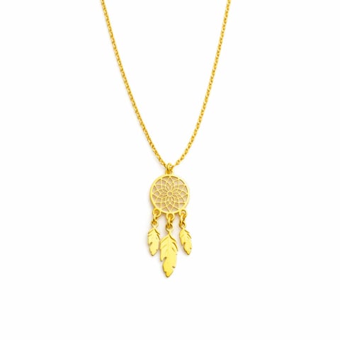 LANTISOARE ARGINT - Lantisor cu pandantiv Dreamcatcher și pene, Argint 925 placat cu aur 24K