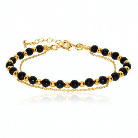 Bratari argint cu pietre semipretioase - Bratara dubla din argint 925 cu onix lucios negru