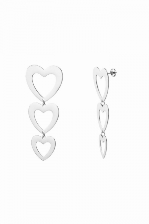 CERCEI ARGINT - Cercei lungi inimioare din argint 925 placat cu aur 24K, design romantic triplu