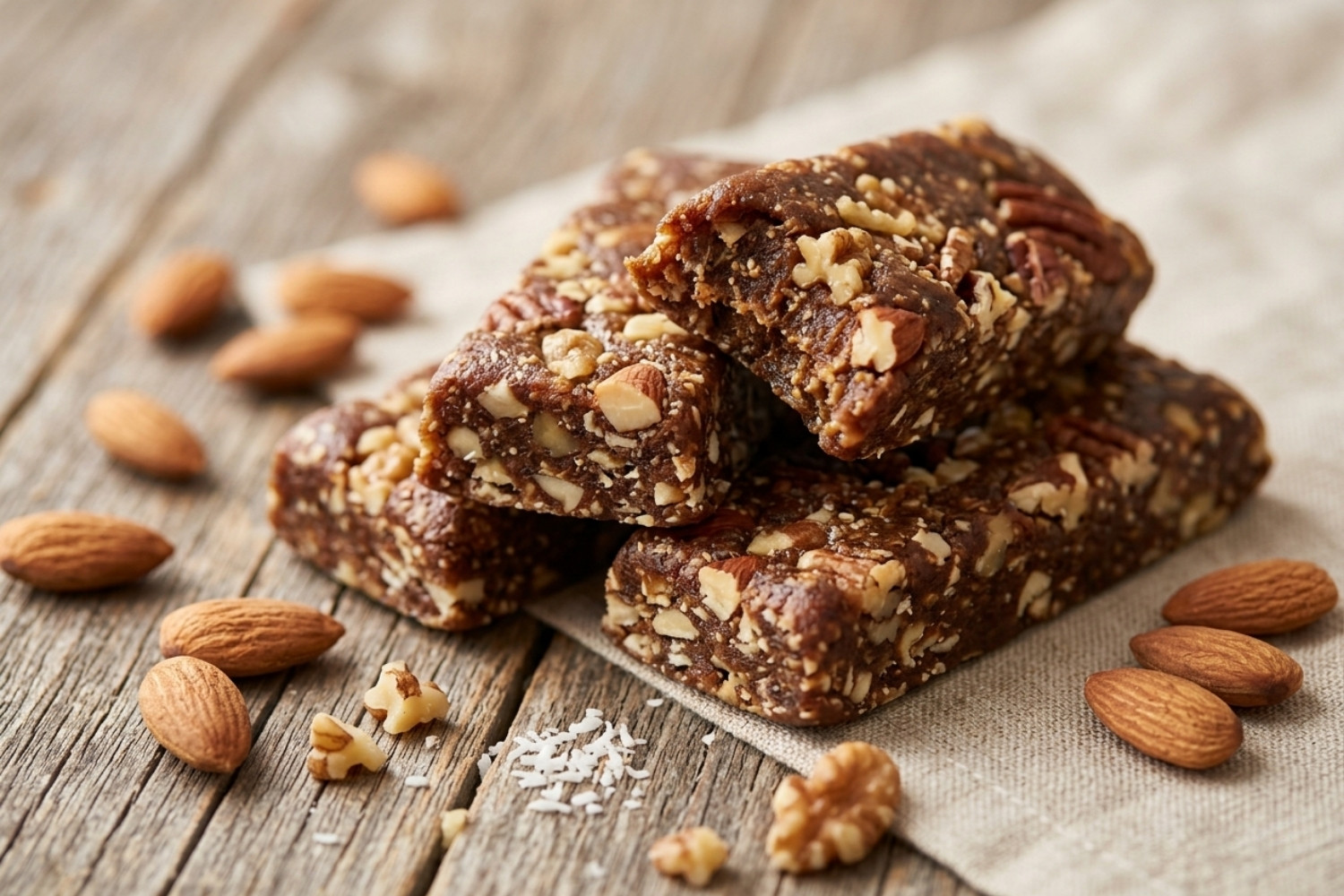 batoane raw vegane cu migdale și curmale, aranjate pe o suprafață naturală cu migdale întregi în jur