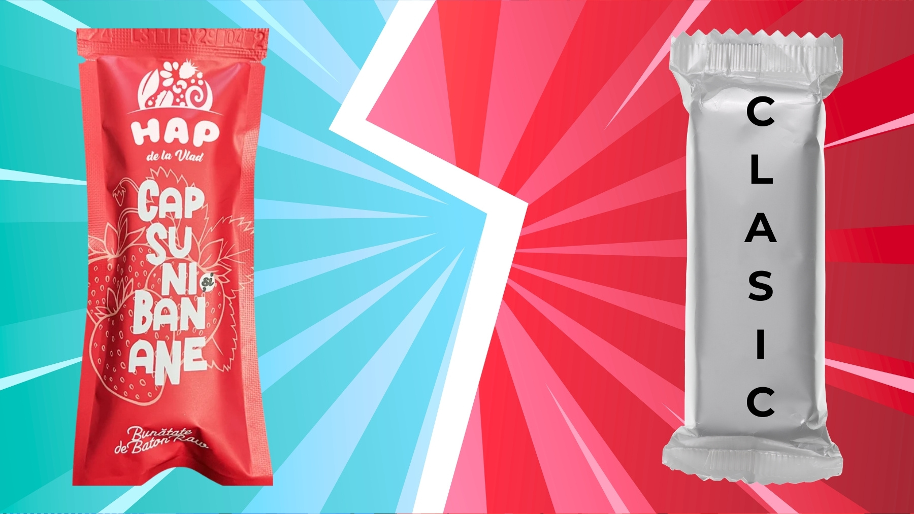 comparatie intre un baton raw vegan cu capsuni si banane de la HAP si un baton clasic