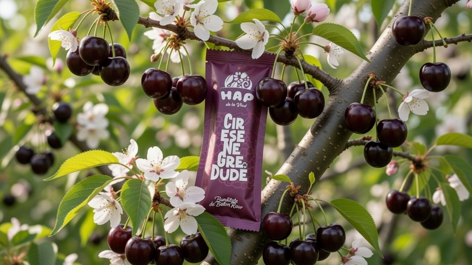 baton HAP raw vegan cu cirese si dude, plasat intr-un cires negru cu cirese si flori de cires