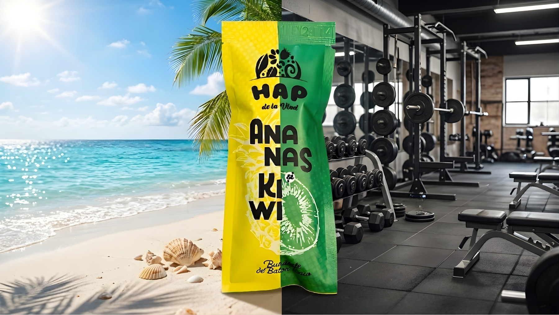 batonul raw vegan HAP cu ananas si kiwi este potrivit atat la plaja cat si la sala de forta