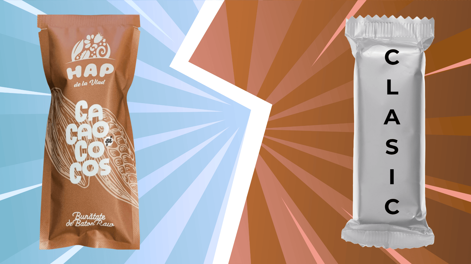 comparatie intre un baton raw vegan cu cacao si cocos HAP de la Vlad si un baton vegan din comert