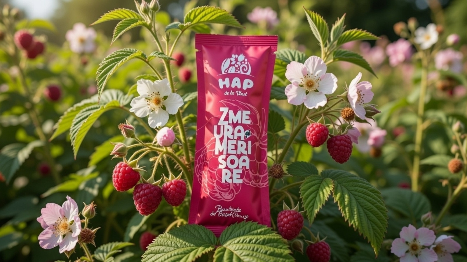 baton raw vegan cu zmeura si merisoare HAP de la Vlad intr-un tufis cu zmeura si flori de zmeur