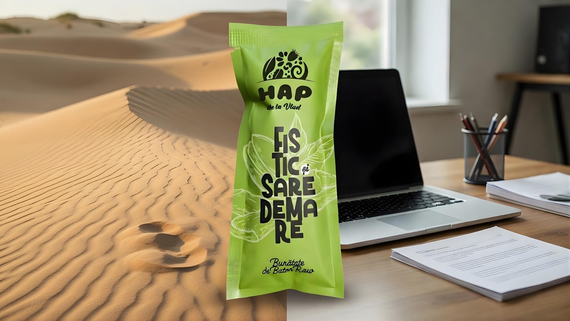 batonul cu fistic si sare de mare de la HAP este potrivit atat in calatorii cat si la birou