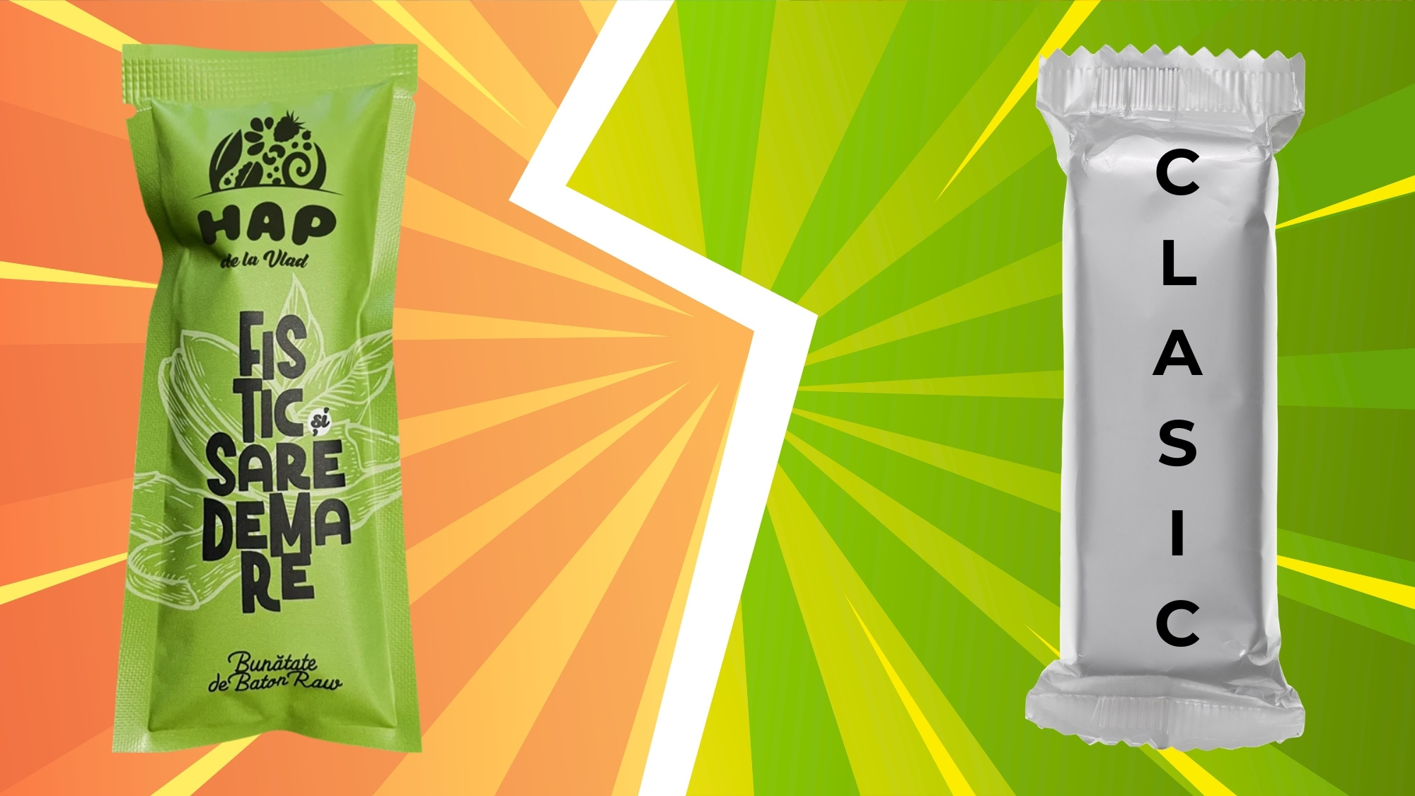 comparatie intre un baton raw vegan cu fistis si sare de mare de la HAP si un baton vegan clasic